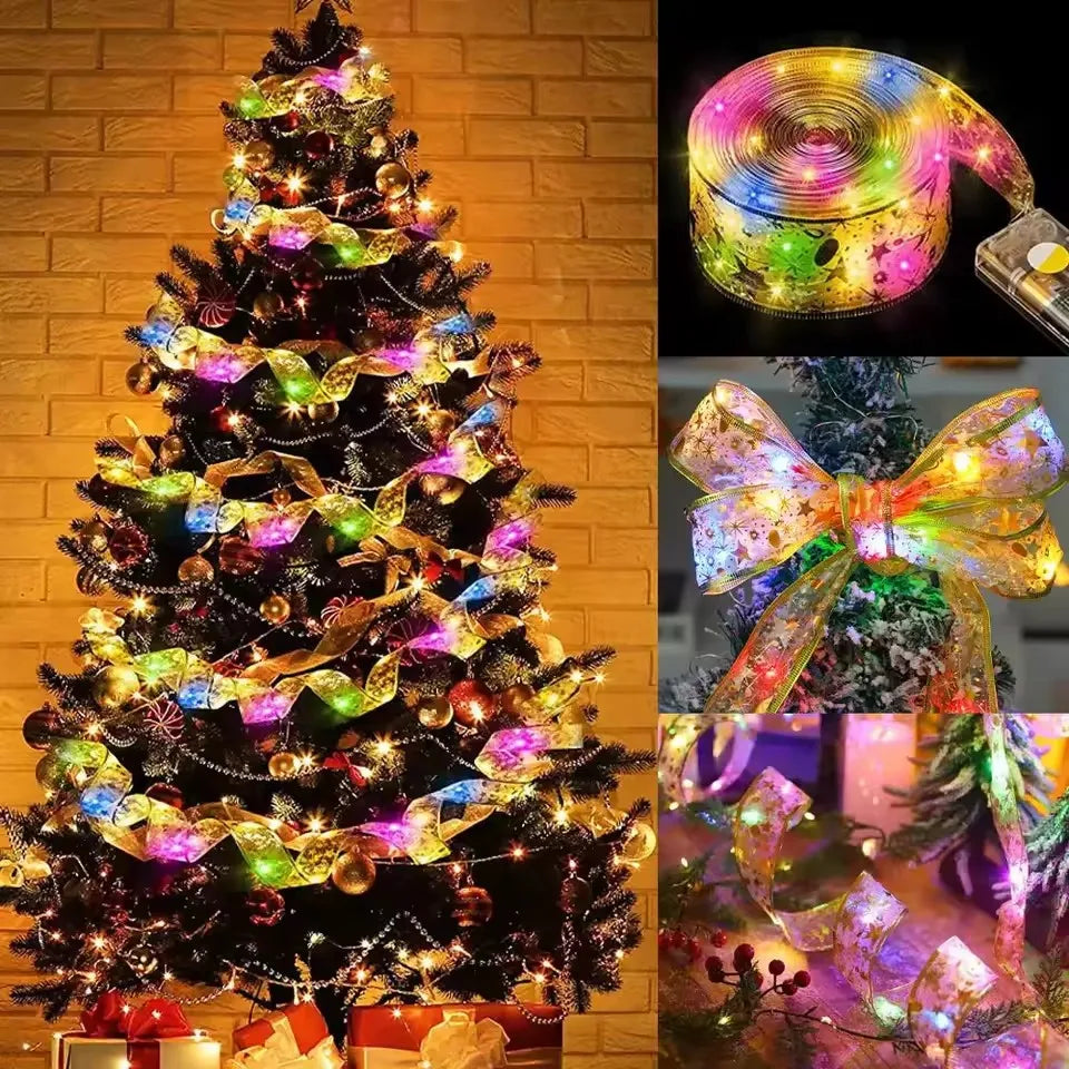 1-10M Christmas Ribbon Fairy Light Decoration For Home 2025 DIY Bows String Light Tree Ornaments Xmas Decor New Year 2026