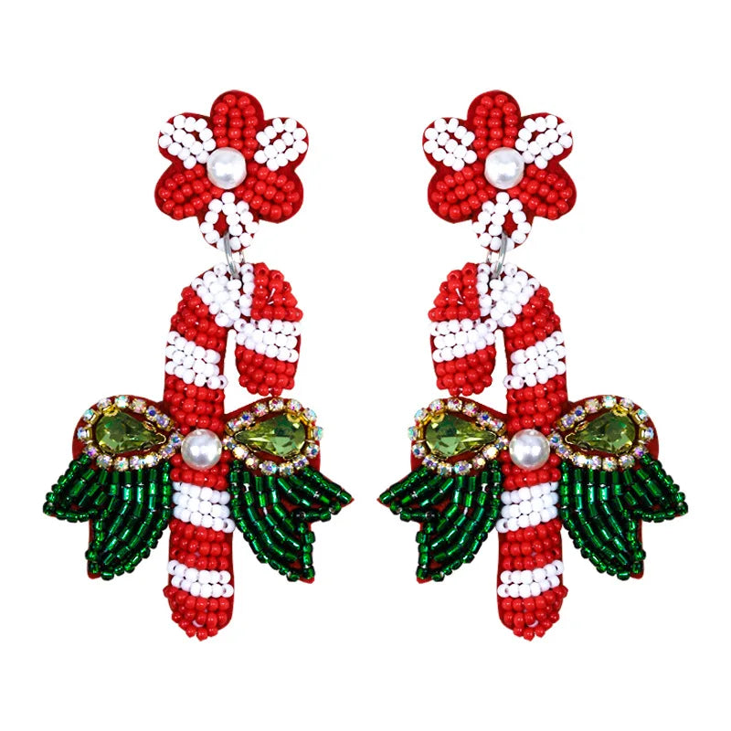 Sparkling Candy Cane Earrings: Handmade Beaded Dangle Earrings, Festive Christmas Gift for Women