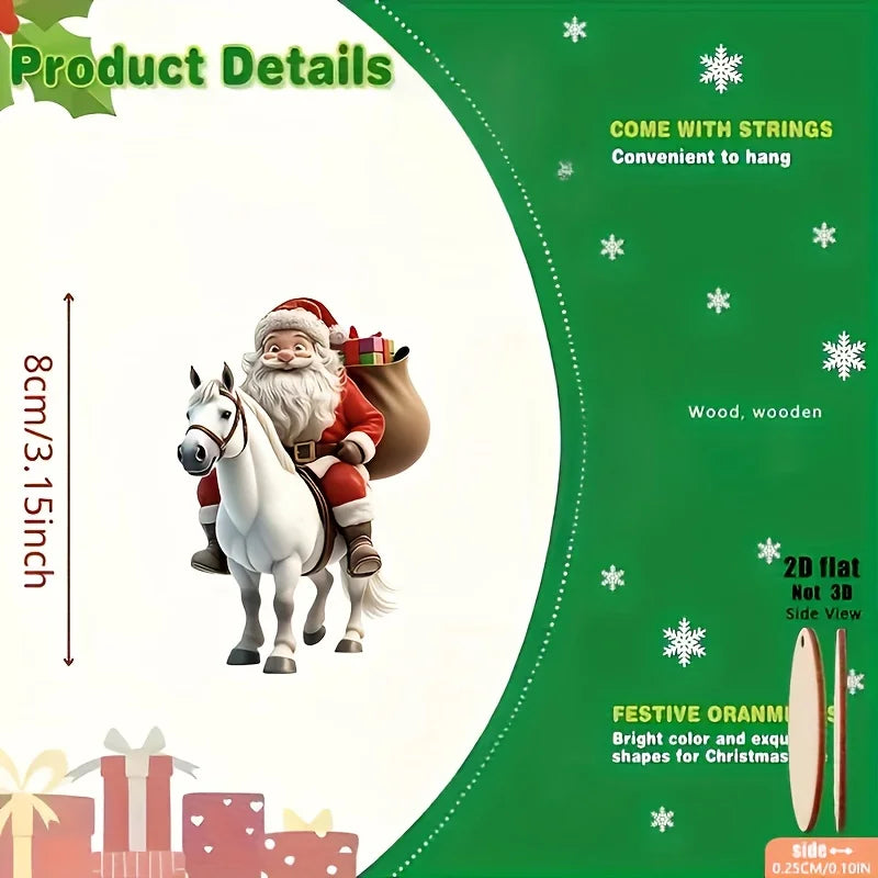 8pcs Different Riding Tools 2D Flat Santa Claus Wooden Ornament Set - Perfect for Christmas Trees and Holiday Home Decorations