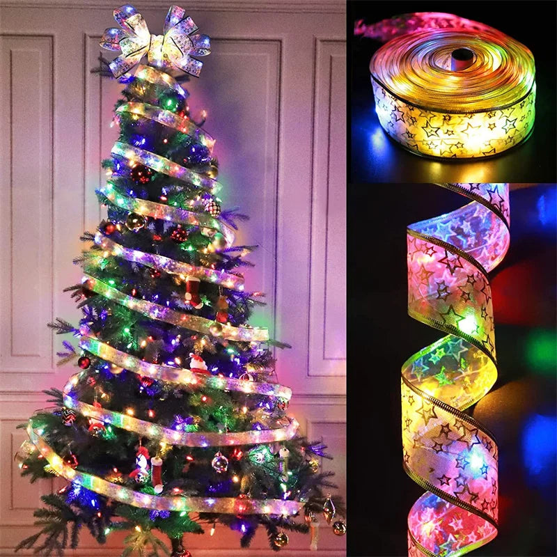 1-10M Christmas Ribbon Fairy Light Decoration For Home 2025 DIY Bows String Light Tree Ornaments Xmas Decor New Year 2026