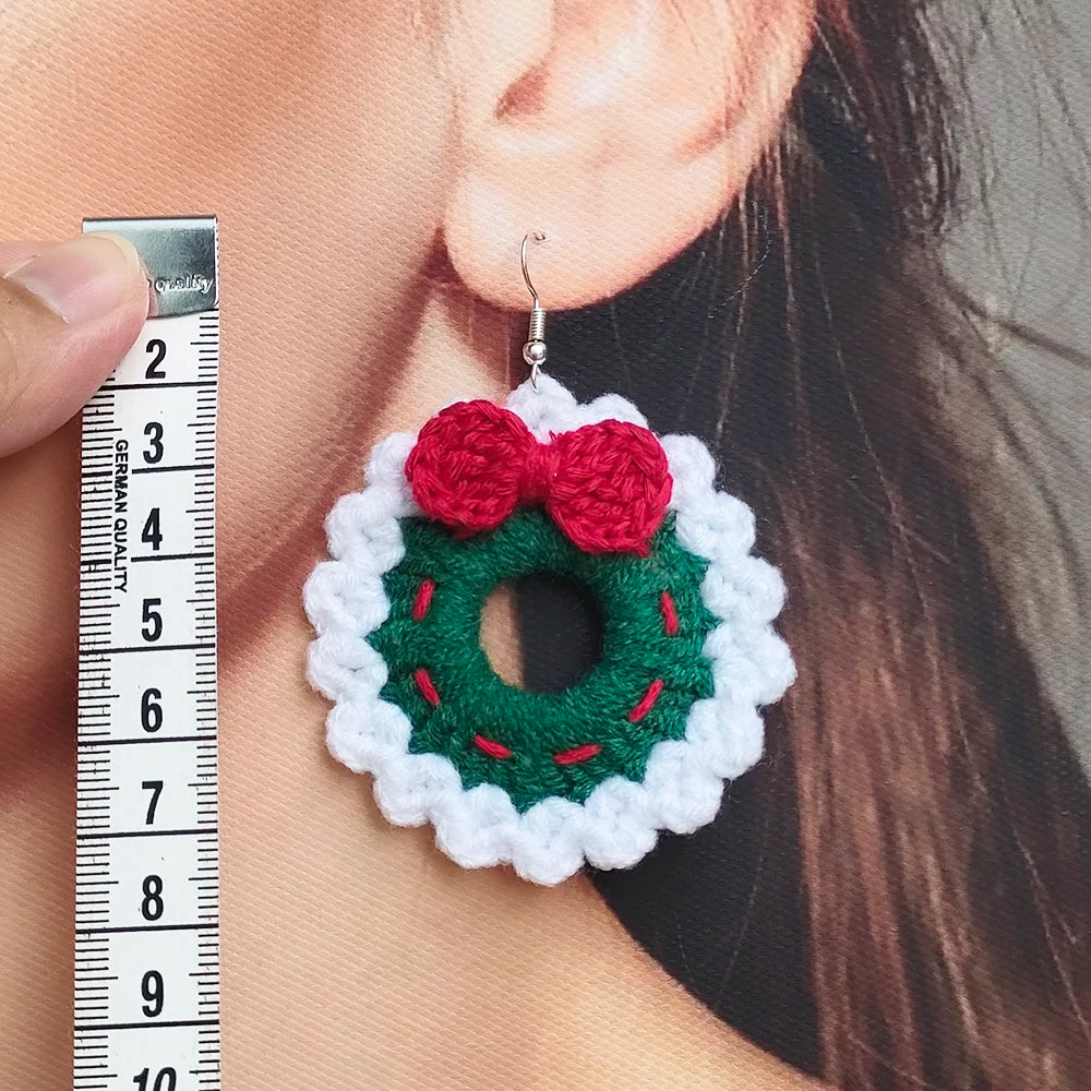 Crochet Fashion Merry Christmas Wreath Circle Hoop Earrings for Women Girls New Year Party Festival Jewelry Gifts