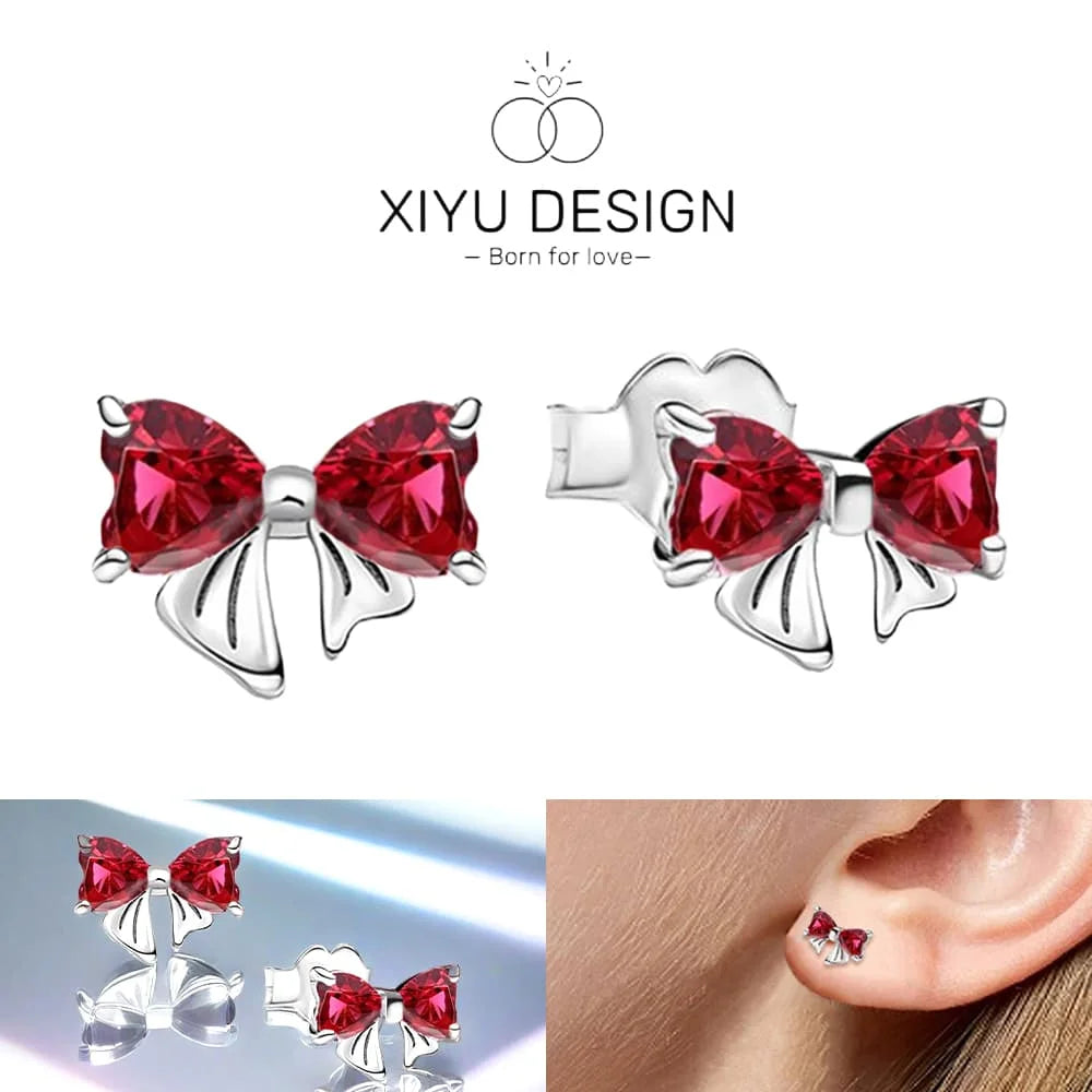 Christmas Bow Jewelry Set 925 Sterling Silver Fashion Earring Necklace Ring Bracelet Tie Set Original Women Fine Festival Gift