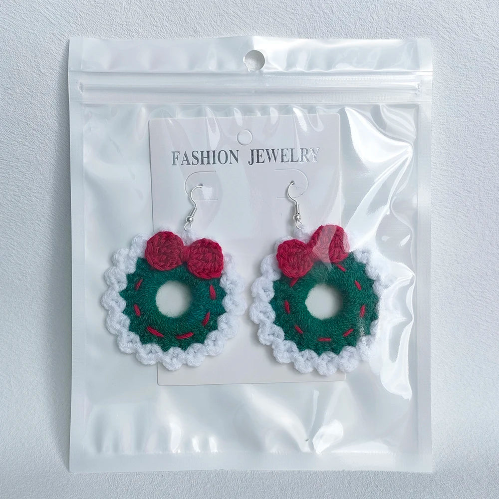 Crochet Fashion Merry Christmas Wreath Circle Hoop Earrings for Women Girls New Year Party Festival Jewelry Gifts