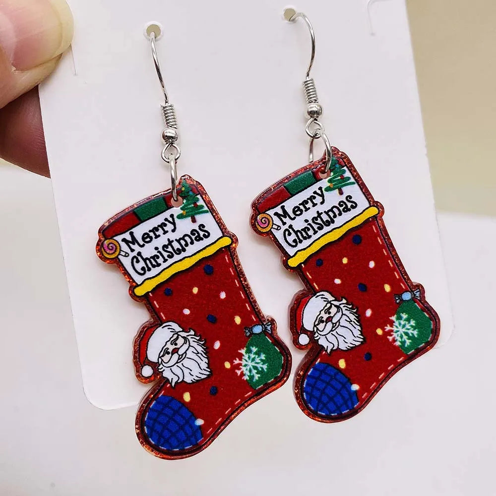 New Christmas Earrings Christmas Socks Hats Snowman Cute Cat Acrylic Earrings for Women Jewelry Gift Wholesale