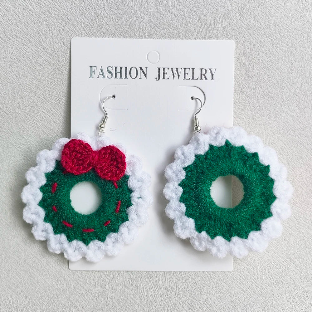 Crochet Fashion Merry Christmas Wreath Circle Hoop Earrings for Women Girls New Year Party Festival Jewelry Gifts