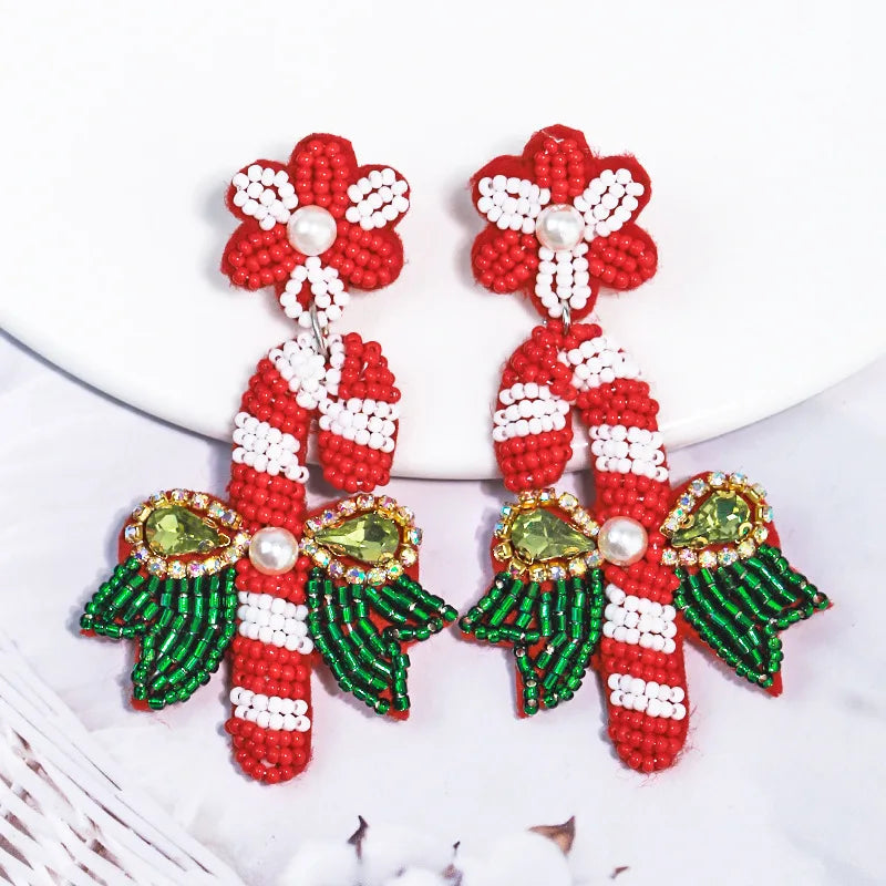 Sparkling Candy Cane Earrings: Handmade Beaded Dangle Earrings, Festive Christmas Gift for Women