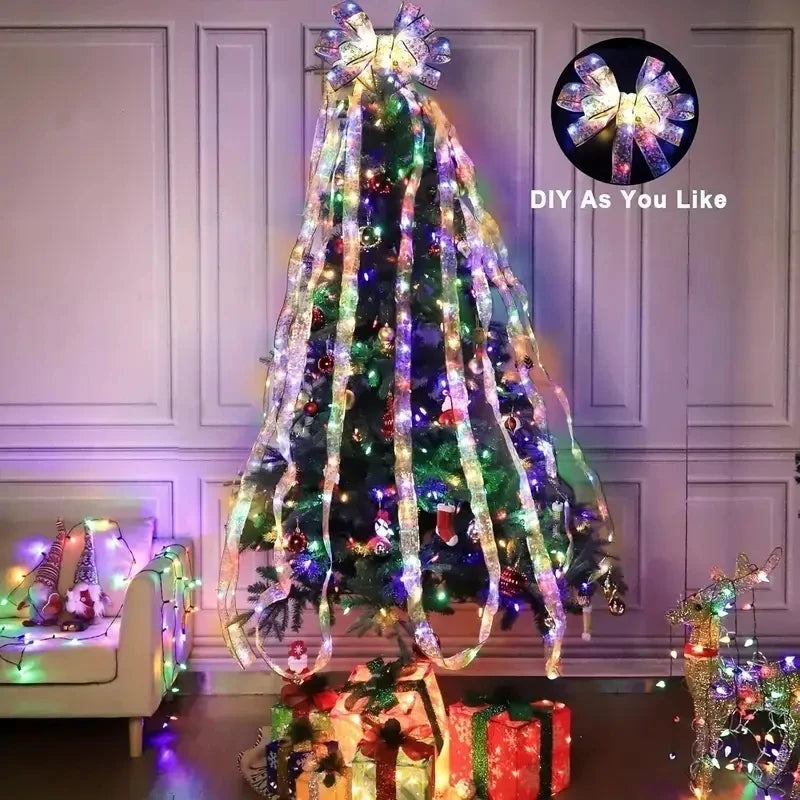 1-10M Christmas Ribbon Fairy Light Decoration For Home 2025 DIY Bows String Light Tree Ornaments Xmas Decor New Year 2026