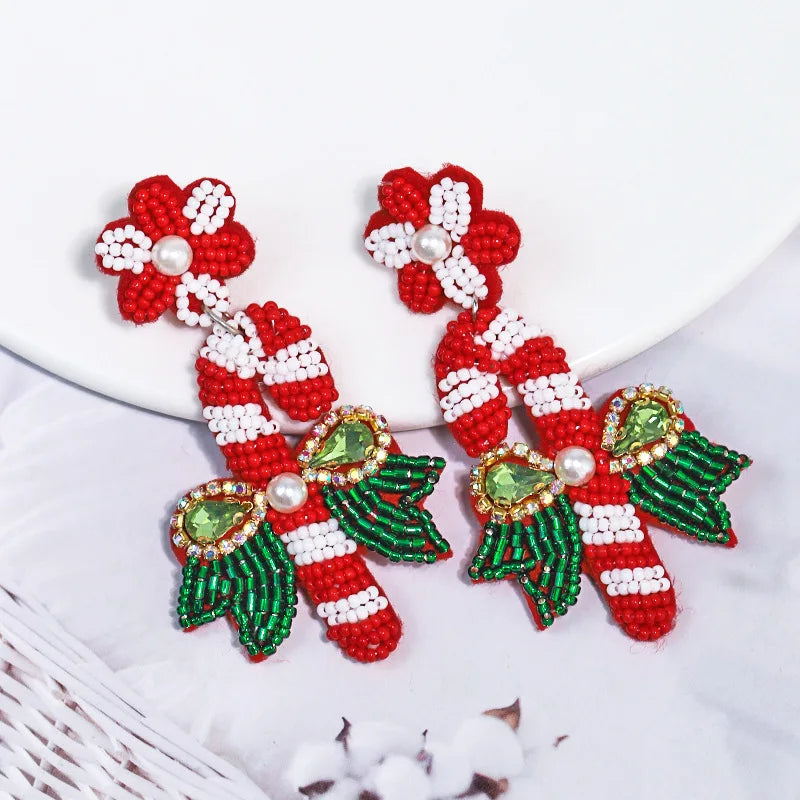Sparkling Candy Cane Earrings: Handmade Beaded Dangle Earrings, Festive Christmas Gift for Women