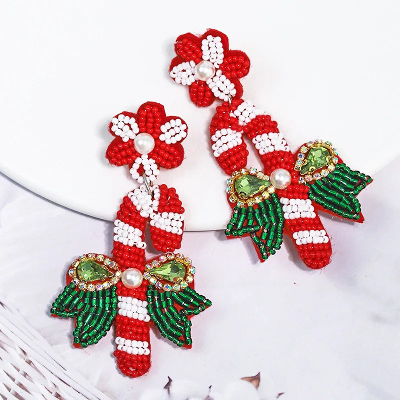Sparkling Candy Cane Earrings: Handmade Beaded Dangle Earrings, Festive Christmas Gift for Women