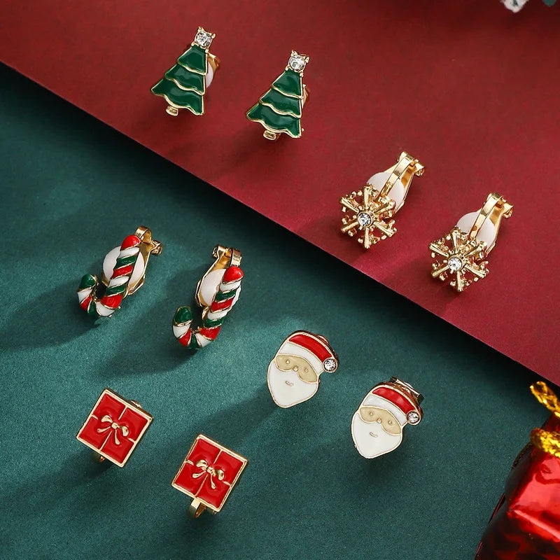 5 Pairs/Set Clip Earring for Women Small Cute Xmas Tree Snowflake Crutch Santa Claus Ear Clip Girls Christmas Party Jewelry Gift
