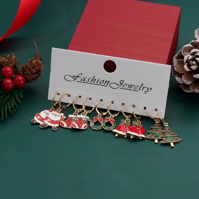 Christmas Earring Set Creative Design Santa Claus Snowman Snowflake Stars Christmas Tree Earrings and Earrings