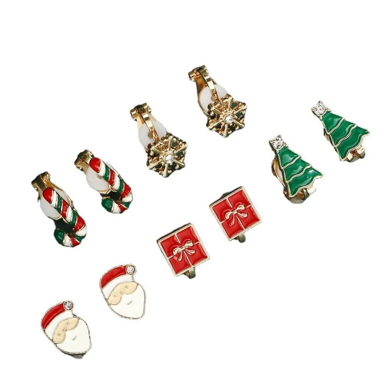 5 Pairs/Set Clip Earring for Women Small Cute Xmas Tree Snowflake Crutch Santa Claus Ear Clip Girls Christmas Party Jewelry Gift