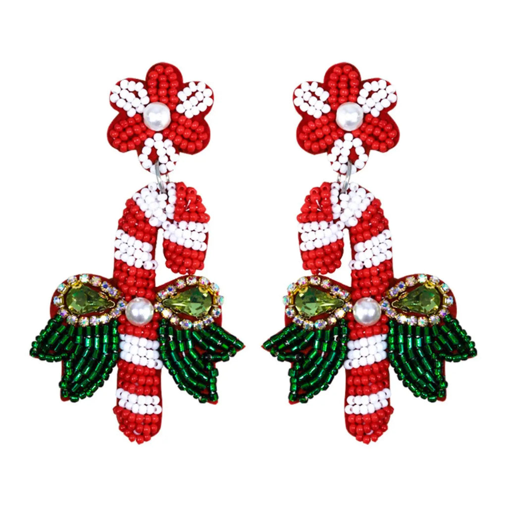 Sparkling Candy Cane Earrings: Handmade Beaded Dangle Earrings, Festive Christmas Gift for Women