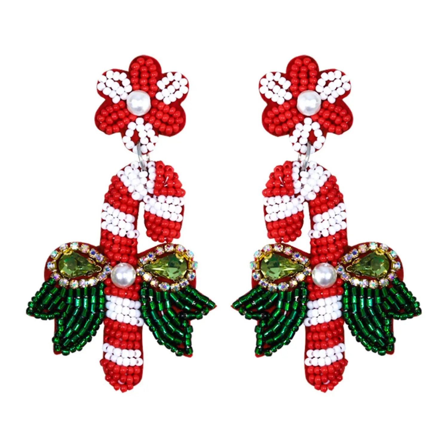 Sparkling Candy Cane Earrings: Handmade Beaded Dangle Earrings, Festive Christmas Gift for Women