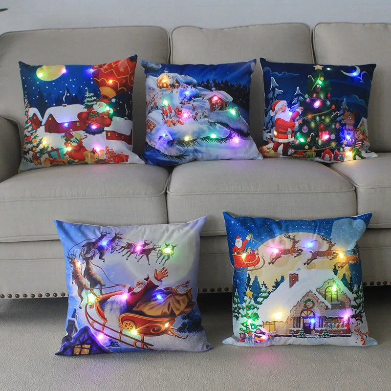 Fundas de almohada de Navidad con dibujos animados, 18x18 pulgadas, LED, Decoración de luces para el hogar, habitación de niños