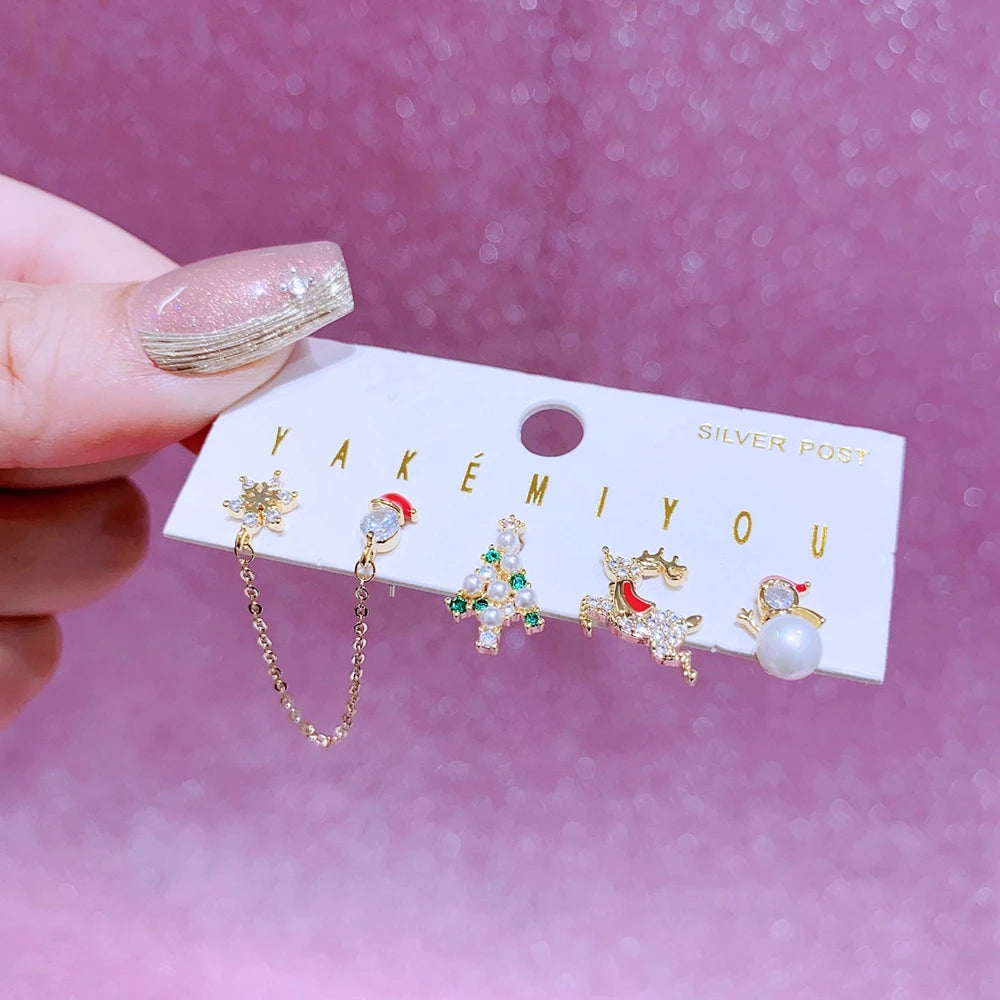 MIGGA 5pcs Mixed Christmas Stud Earrings Set Gold Color Plated Cubic Zircon Women Earrings Party Jewelry