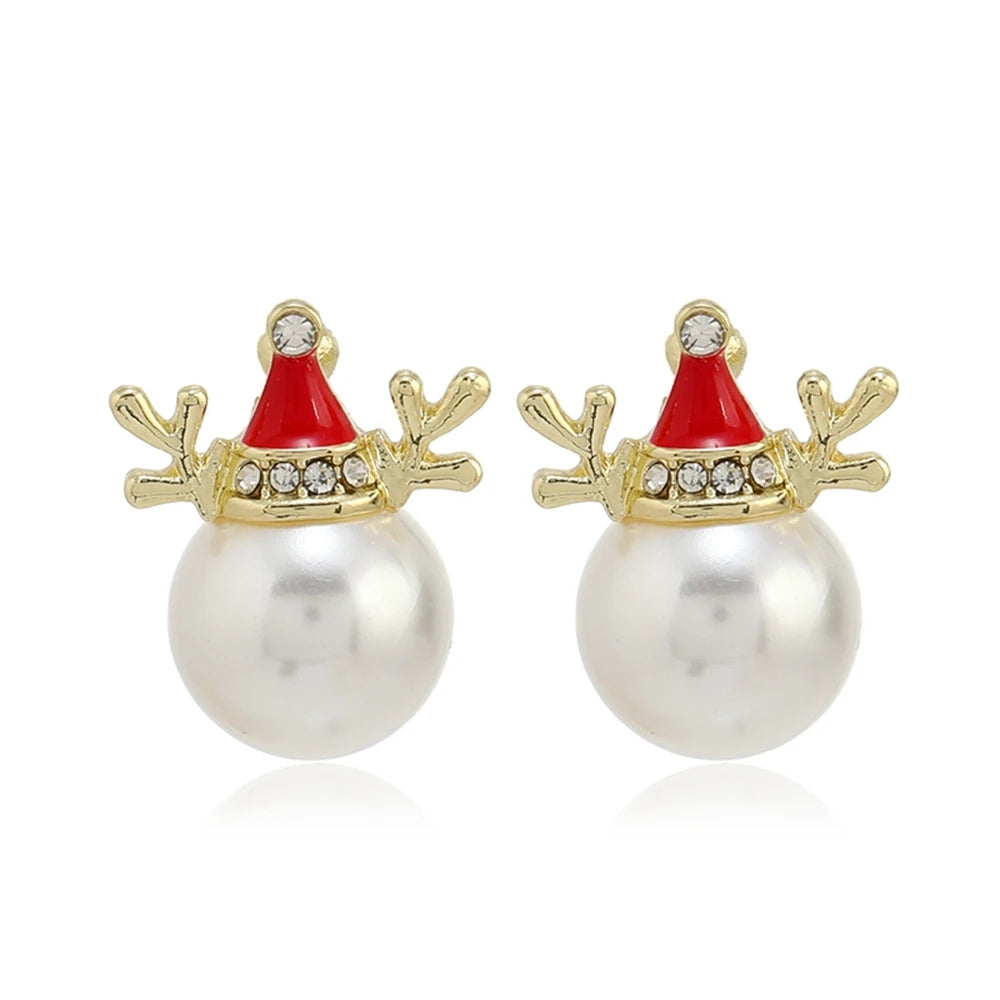New Trendy Rhinestone Imitation Pearl Snowflake Bell Elk Christmas Hat Stud Earrings For Women Christmas Jewelry Accessories