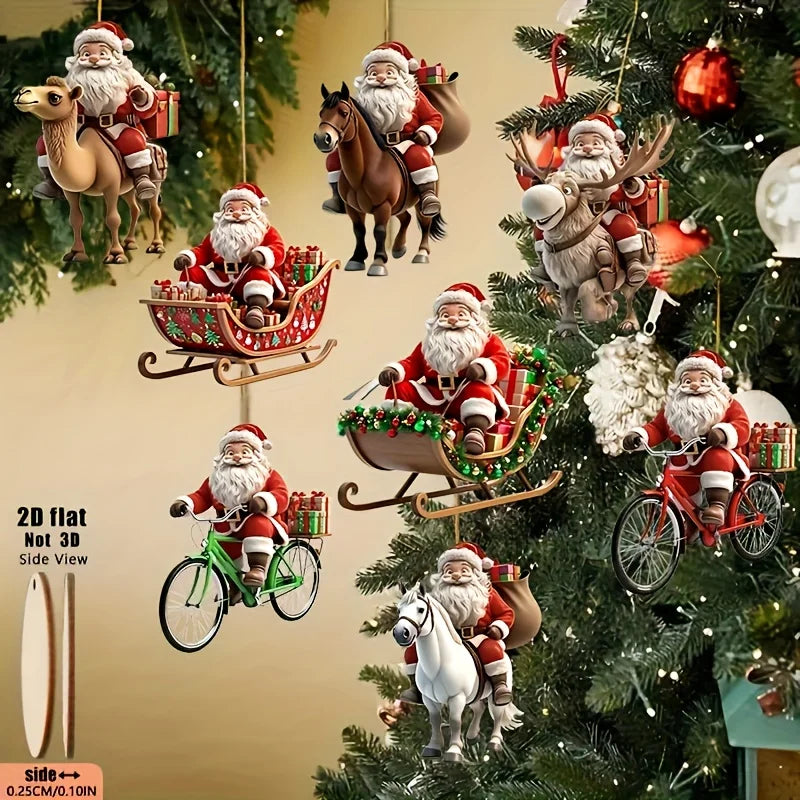 8pcs Different Riding Tools 2D Flat Santa Claus Wooden Ornament Set - Perfect for Christmas Trees and Holiday Home Decorations