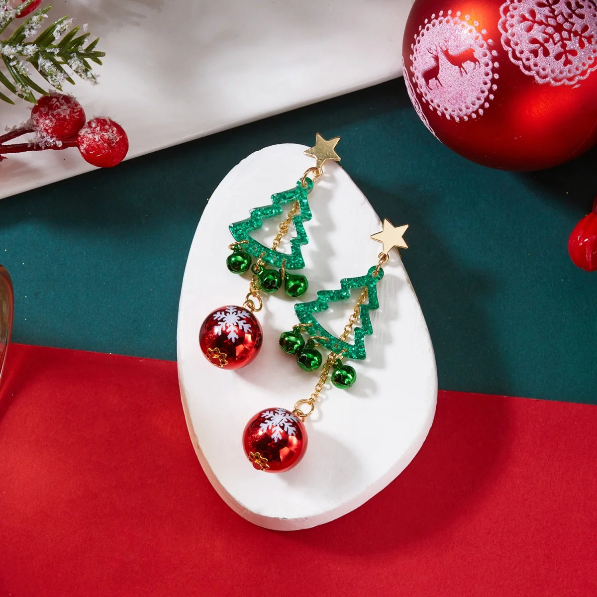 Christmas Holiday Drop Earrings Star Hollow Xmas Tree Bell Snowflake Pattern Round Ball Fringe Earrings For Women Men Jewelry