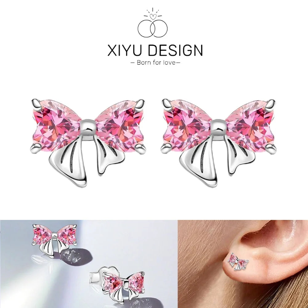 Christmas Bow Jewelry Set 925 Sterling Silver Fashion Earring Necklace Ring Bracelet Tie Set Original Women Fine Festival Gift