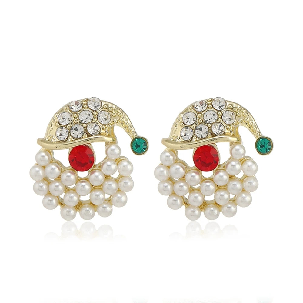 New Trendy Rhinestone Imitation Pearl Snowflake Bell Elk Christmas Hat Stud Earrings For Women Christmas Jewelry Accessories