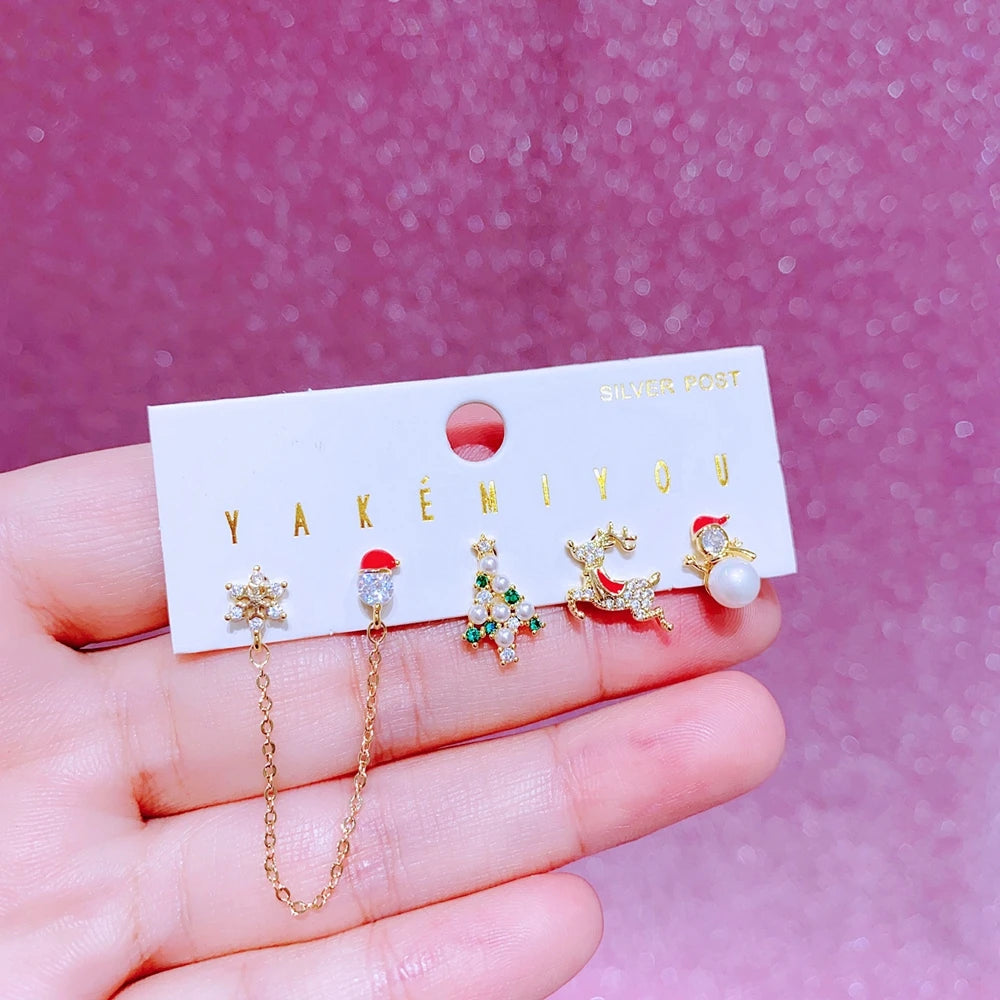 MIGGA 5pcs Mixed Christmas Stud Earrings Set Gold Color Plated Cubic Zircon Women Earrings Party Jewelry