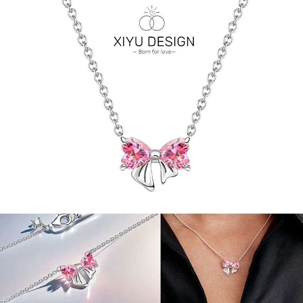 Christmas Bow Jewelry Set 925 Sterling Silver Fashion Earring Necklace Ring Bracelet Tie Set Original Women Fine Festival Gift