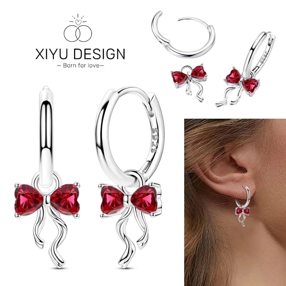 Christmas Bow Jewelry Set 925 Sterling Silver Fashion Earring Necklace Ring Bracelet Tie Set Original Women Fine Festival Gift