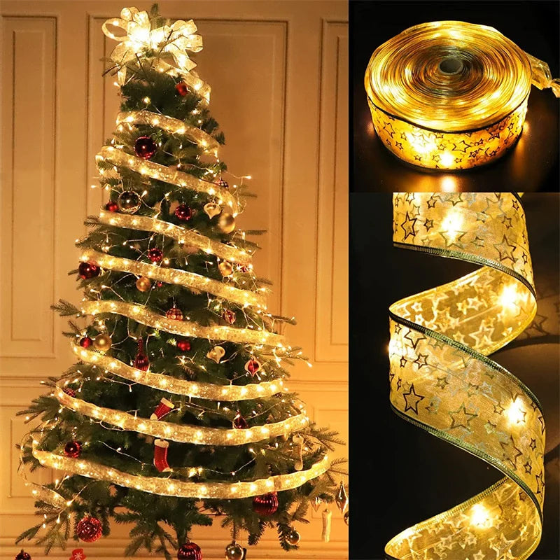 1-10M Christmas Ribbon Fairy Light Decoration For Home 2025 DIY Bows String Light Tree Ornaments Xmas Decor New Year 2026