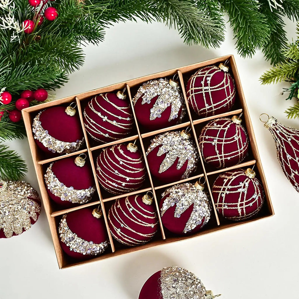 12Pcs Velvet Christmas Balls Bulk Retro Flocked Christmas Tree Ball Ornaments Plastic Balls Xmas Decorative Hanging Ornaments