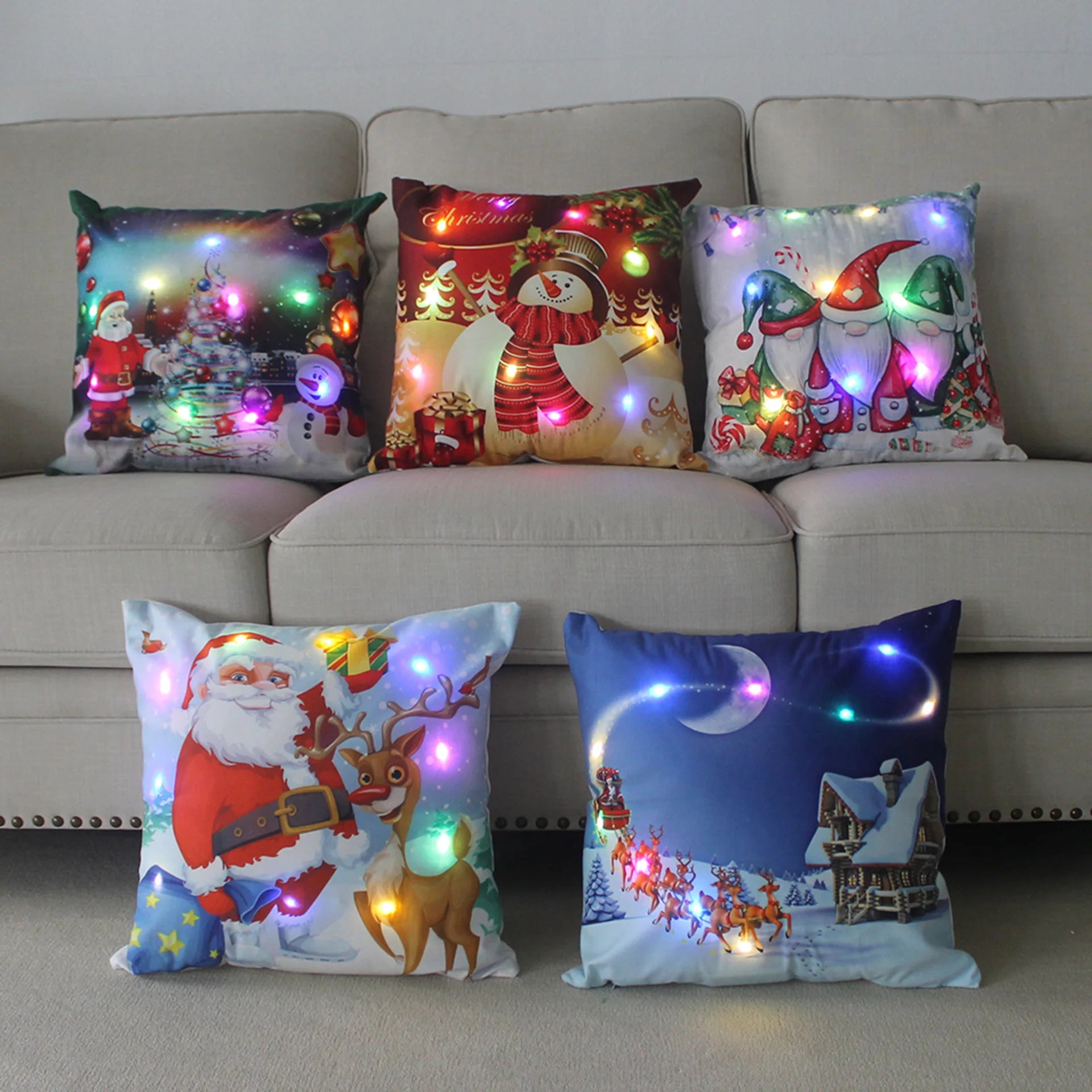 Fundas de almohada de Navidad con dibujos animados, 18x18 pulgadas, LED, Decoración de luces para el hogar, habitación de niños