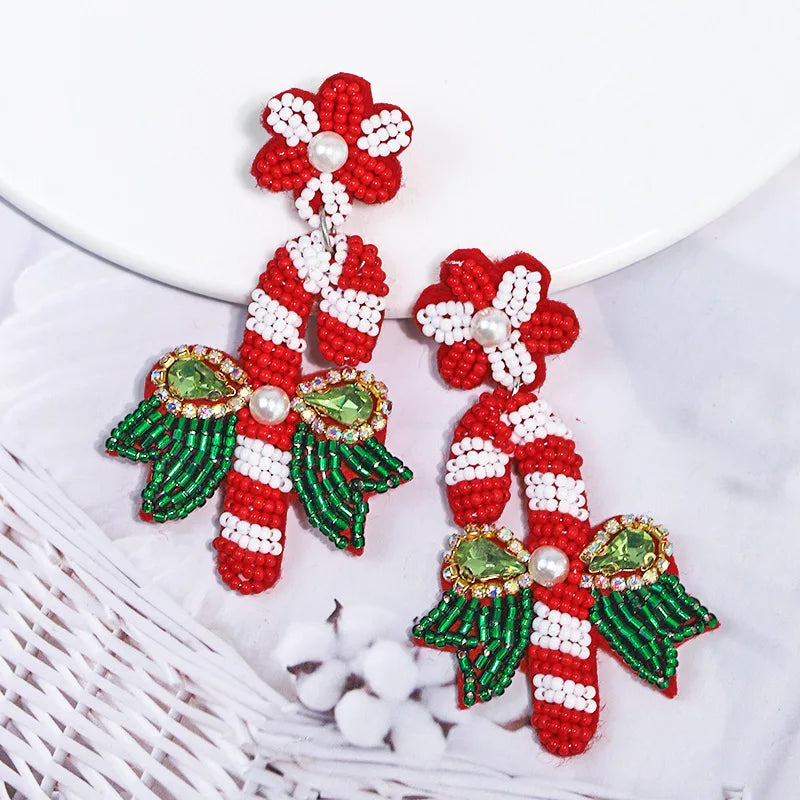 Sparkling Candy Cane Earrings: Handmade Beaded Dangle Earrings, Festive Christmas Gift for Women