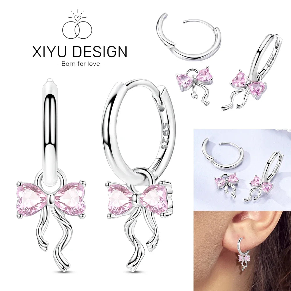Christmas Bow Jewelry Set 925 Sterling Silver Fashion Earring Necklace Ring Bracelet Tie Set Original Women Fine Festival Gift