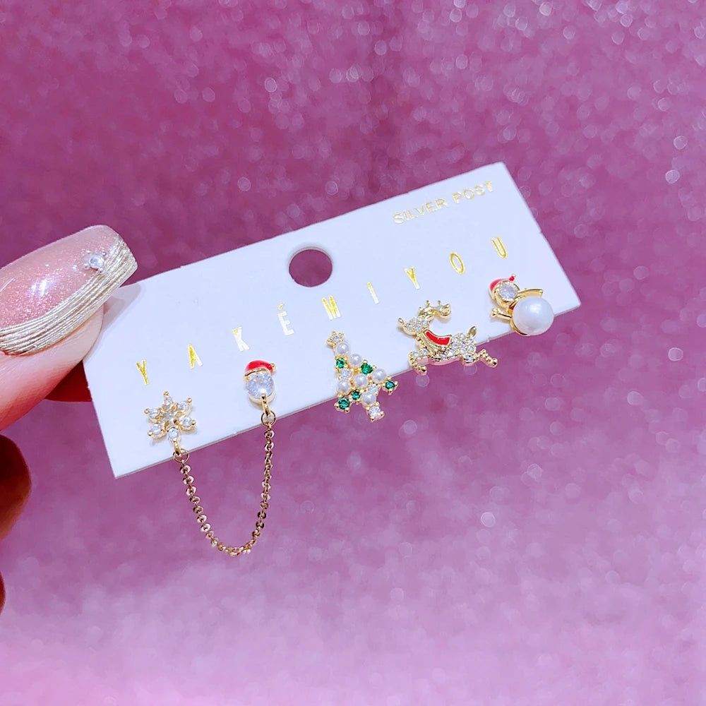 MIGGA 5pcs Mixed Christmas Stud Earrings Set Gold Color Plated Cubic Zircon Women Earrings Party Jewelry