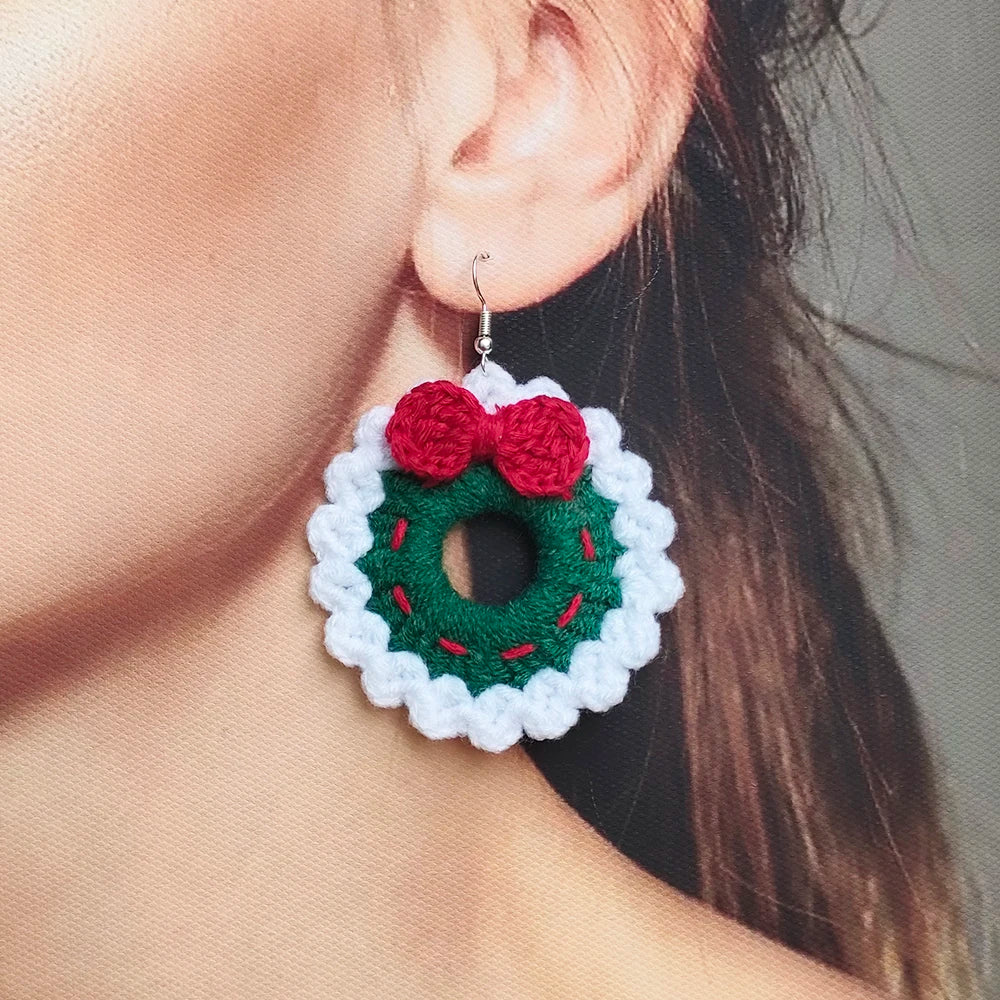 Crochet Fashion Merry Christmas Wreath Circle Hoop Earrings for Women Girls New Year Party Festival Jewelry Gifts