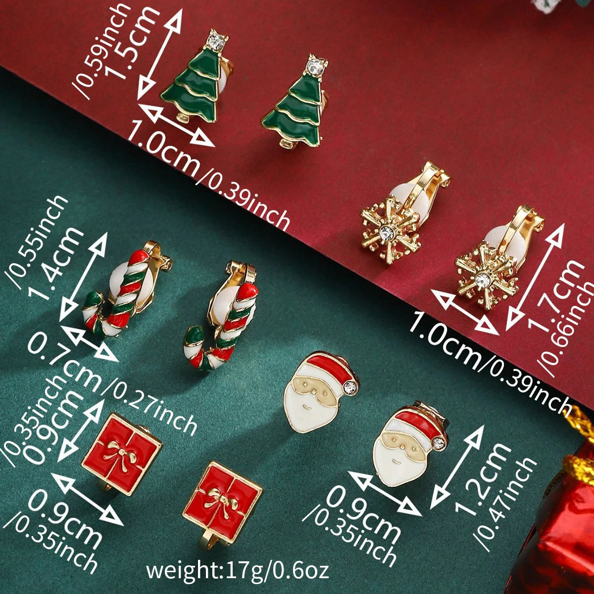 5 Pairs/Set Clip Earring for Women Small Cute Xmas Tree Snowflake Crutch Santa Claus Ear Clip Girls Christmas Party Jewelry Gift