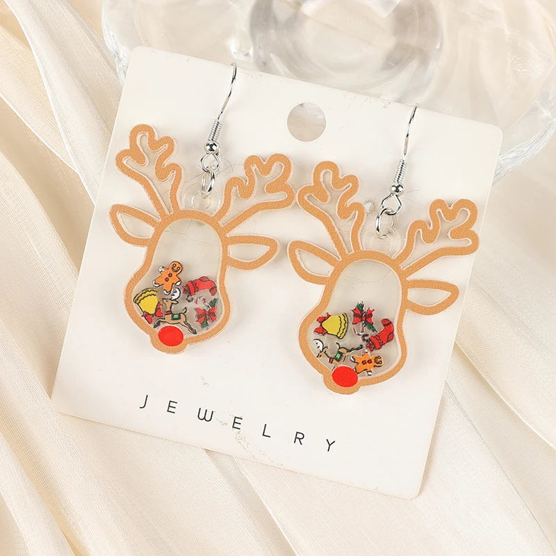 1Pair Christmas Quicksand Drop Earring Acrylic Tree Snowman And Santa Claus For Woman Girl Holiday Birthday Gift