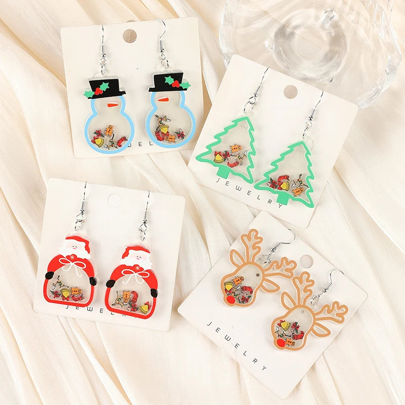 1Pair Christmas Quicksand Drop Earring Acrylic Tree Snowman And Santa Claus For Woman Girl Holiday Birthday Gift