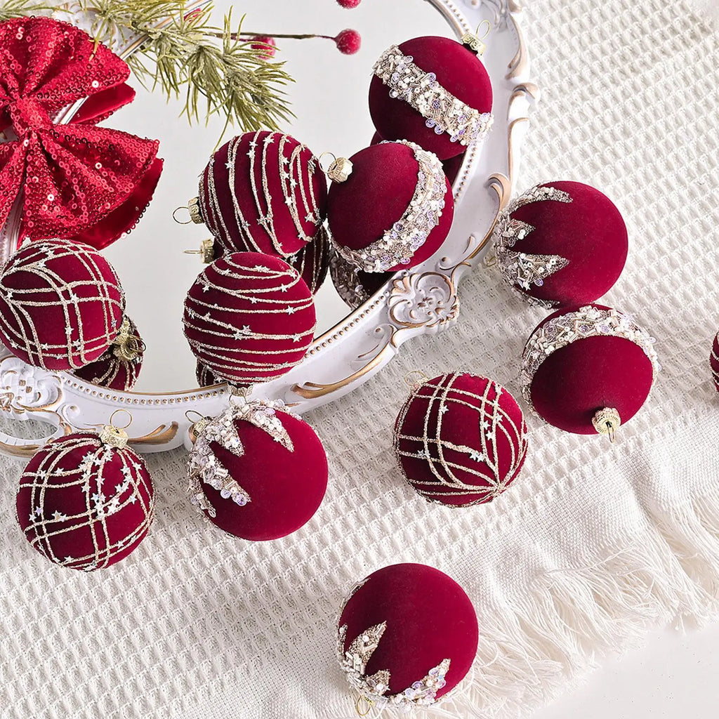 12Pcs Velvet Christmas Balls Bulk Retro Flocked Christmas Tree Ball Ornaments Plastic Balls Xmas Decorative Hanging Ornaments