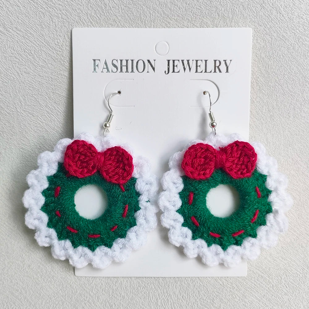 Crochet Fashion Merry Christmas Wreath Circle Hoop Earrings for Women Girls New Year Party Festival Jewelry Gifts