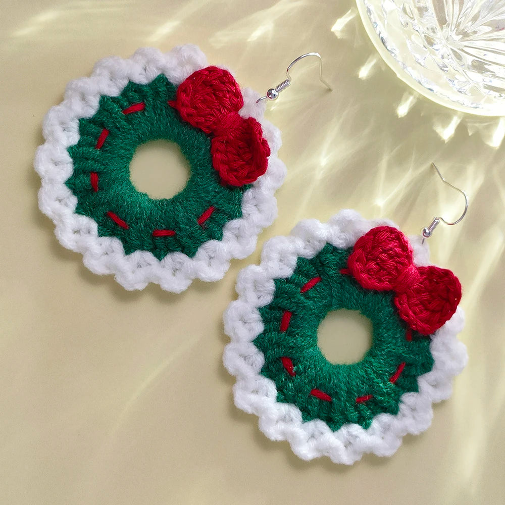 Crochet Fashion Merry Christmas Wreath Circle Hoop Earrings for Women Girls New Year Party Festival Jewelry Gifts