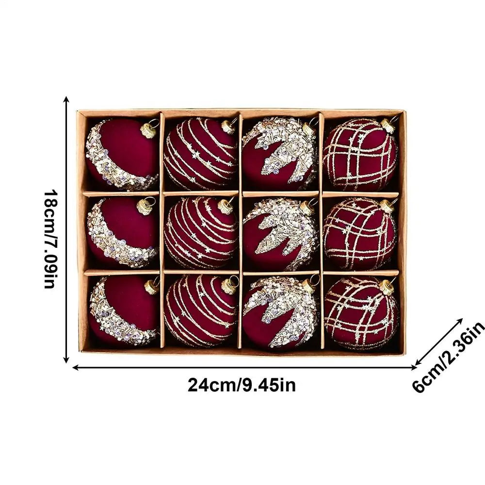 12Pcs Velvet Christmas Balls Bulk Retro Flocked Christmas Tree Ball Ornaments Plastic Balls Xmas Decorative Hanging Ornaments